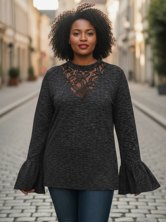 Nordstrom Tops - Heathered Black Lace Top 2X Bell Sleeve Knit Tunic Plus Size Feminine Flowy